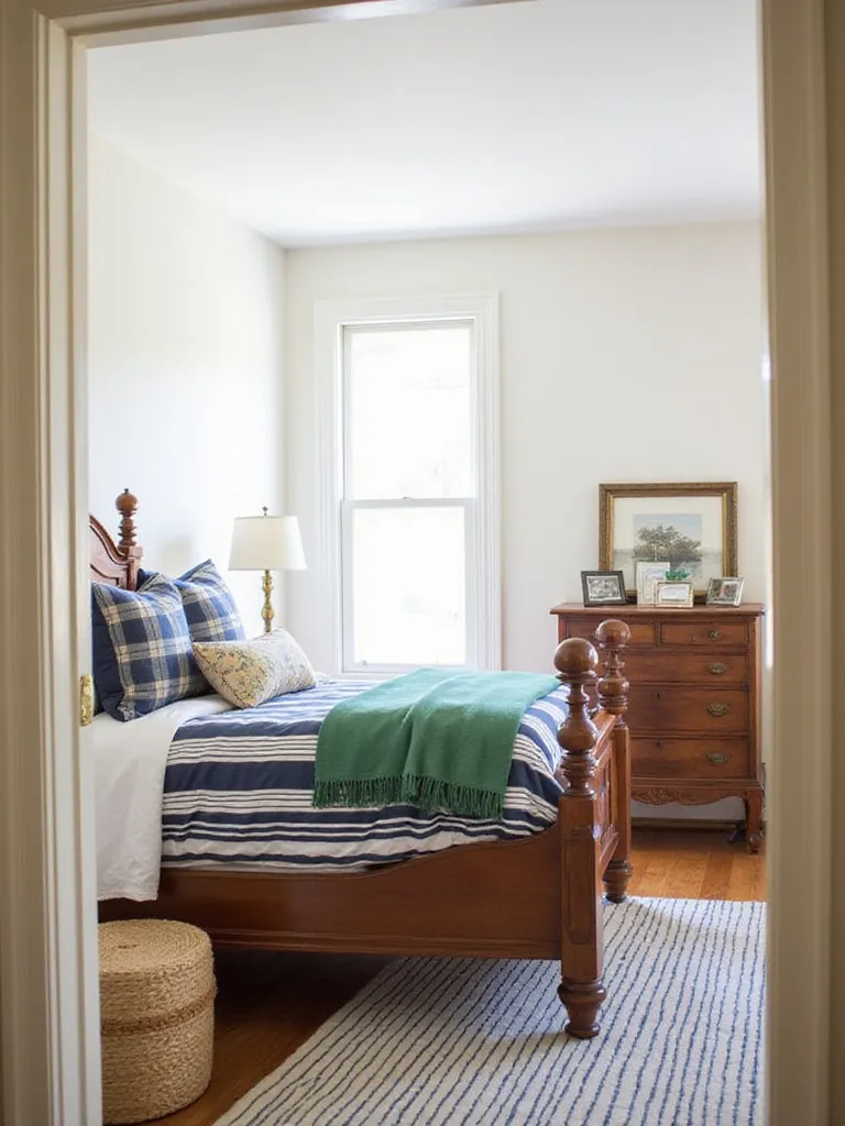 A classic Preppy Chic bedroom featuring striped bedding, polished wood furniture with brass accents, and a mix of patterns in navy, green, and white.