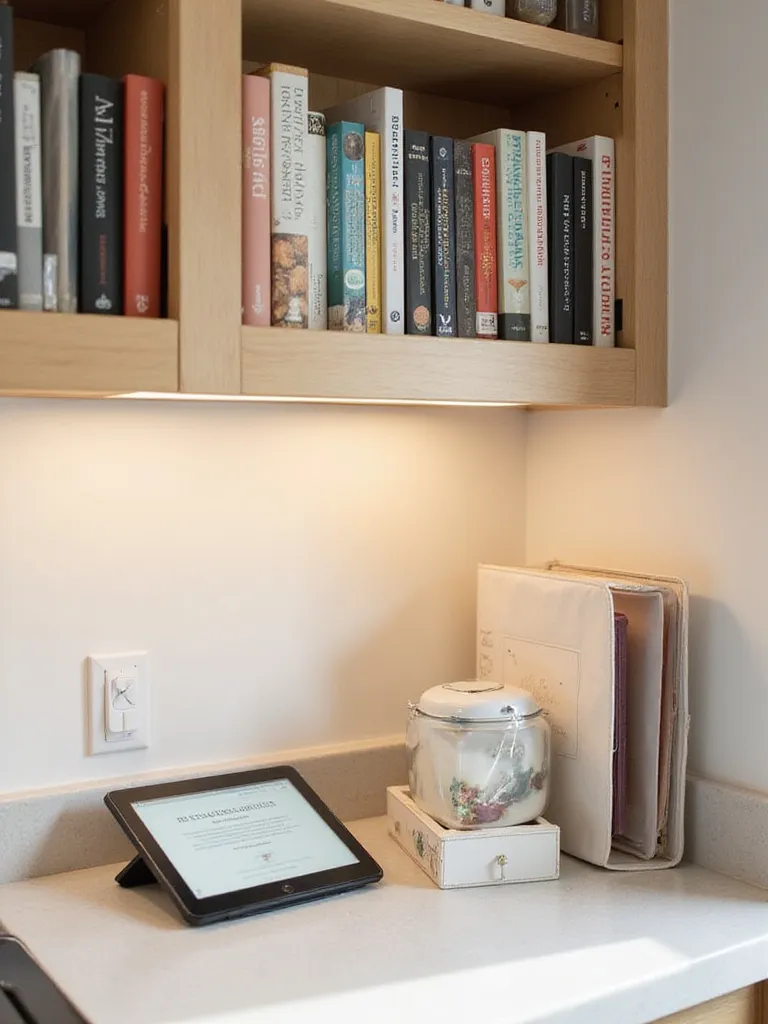 Organized kitchen counter with a collection of cookbooks on a shelf, a recipe binder, and a tablet displaying a recipe app, illustrating systematic recipe and cookbook organization.