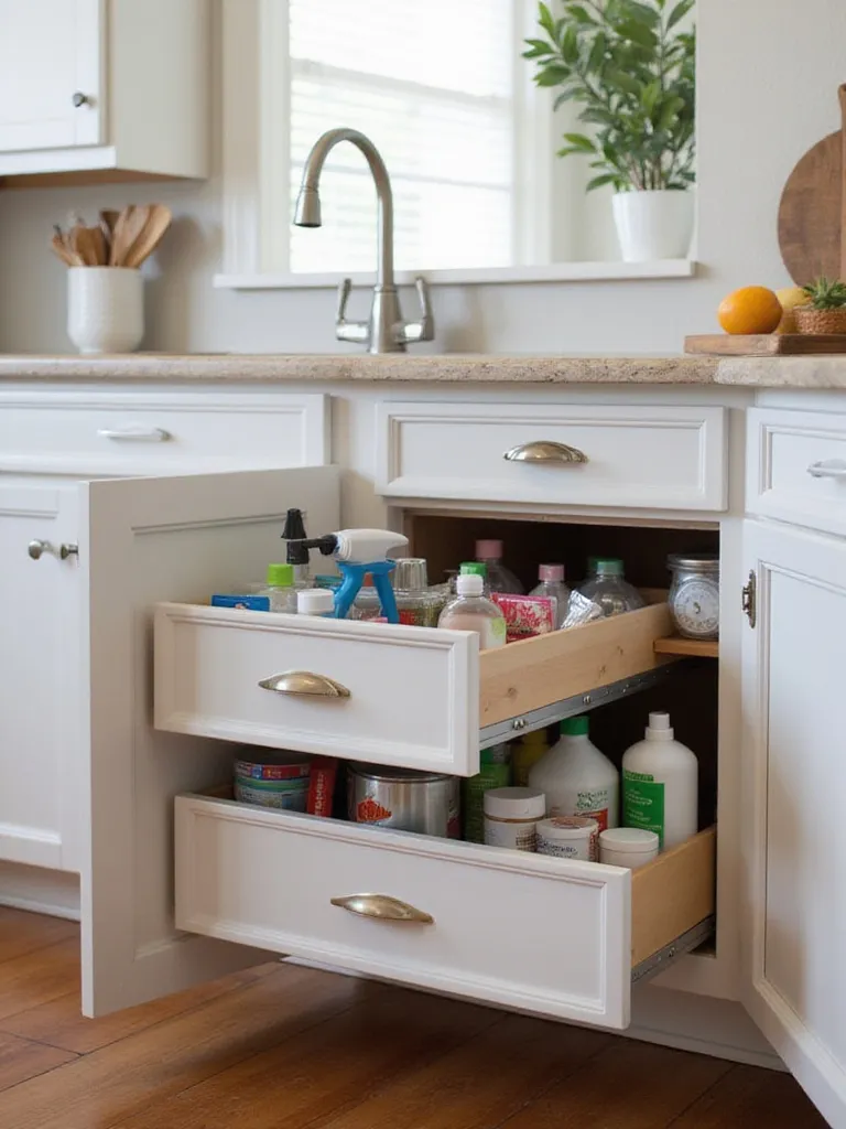 Organized under-sink cabinet with sliding drawer system