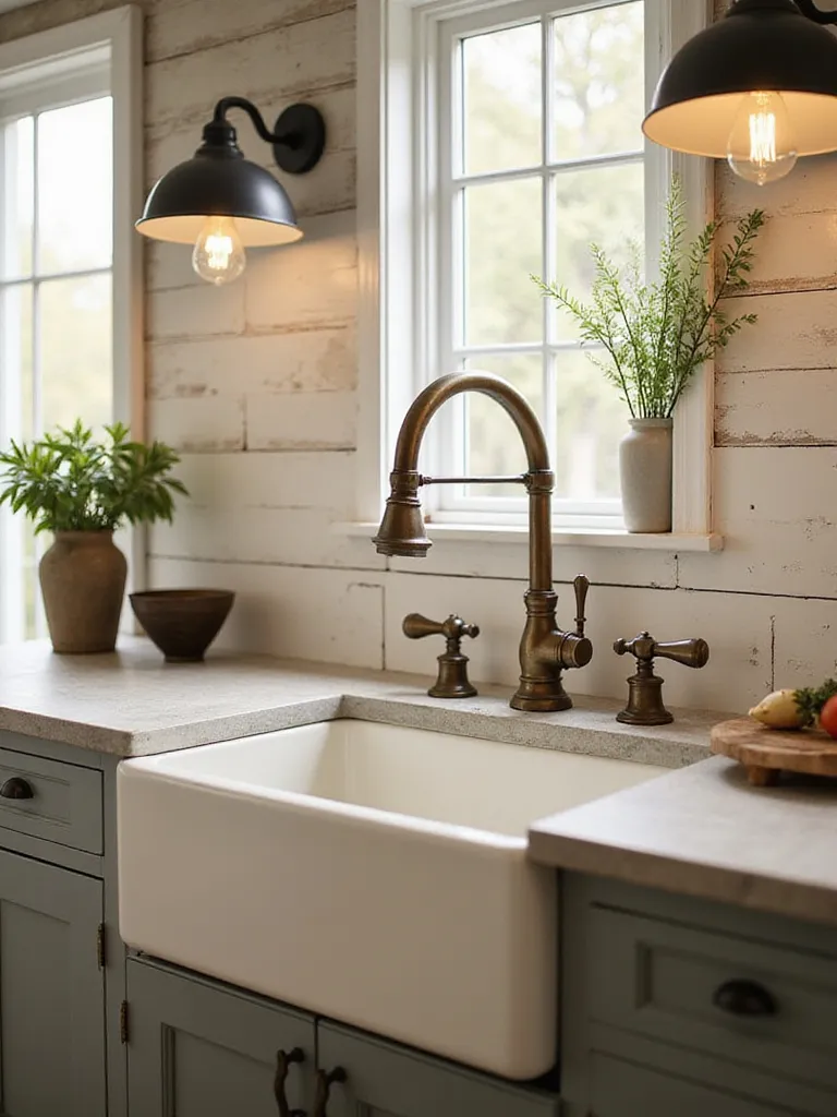 Antique brass bridge faucet over a white farmhouse sink in a rustic kitchen with wood countertops.