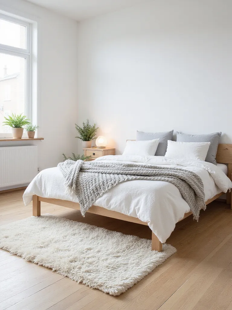 A serene Scandinavian bedroom featuring a light wood bed, layered neutral textiles, soft lighting, and minimalist decor.