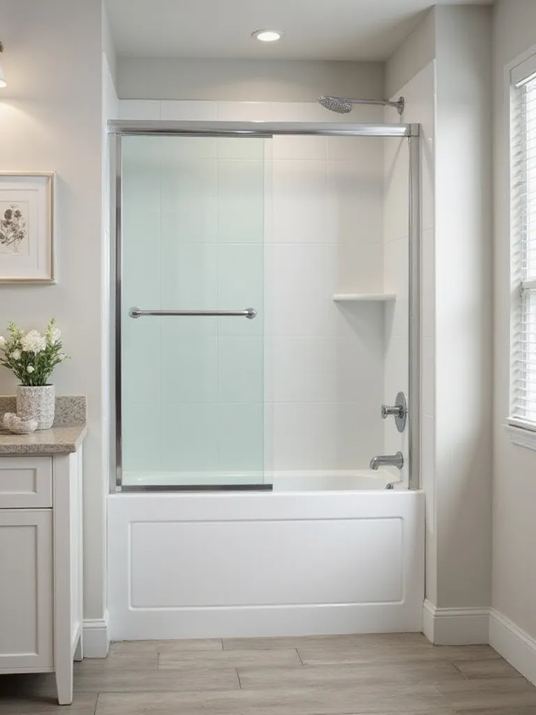 Compact white tub and shower combo with a glass sliding door in a small, modern bathroom with light tile.