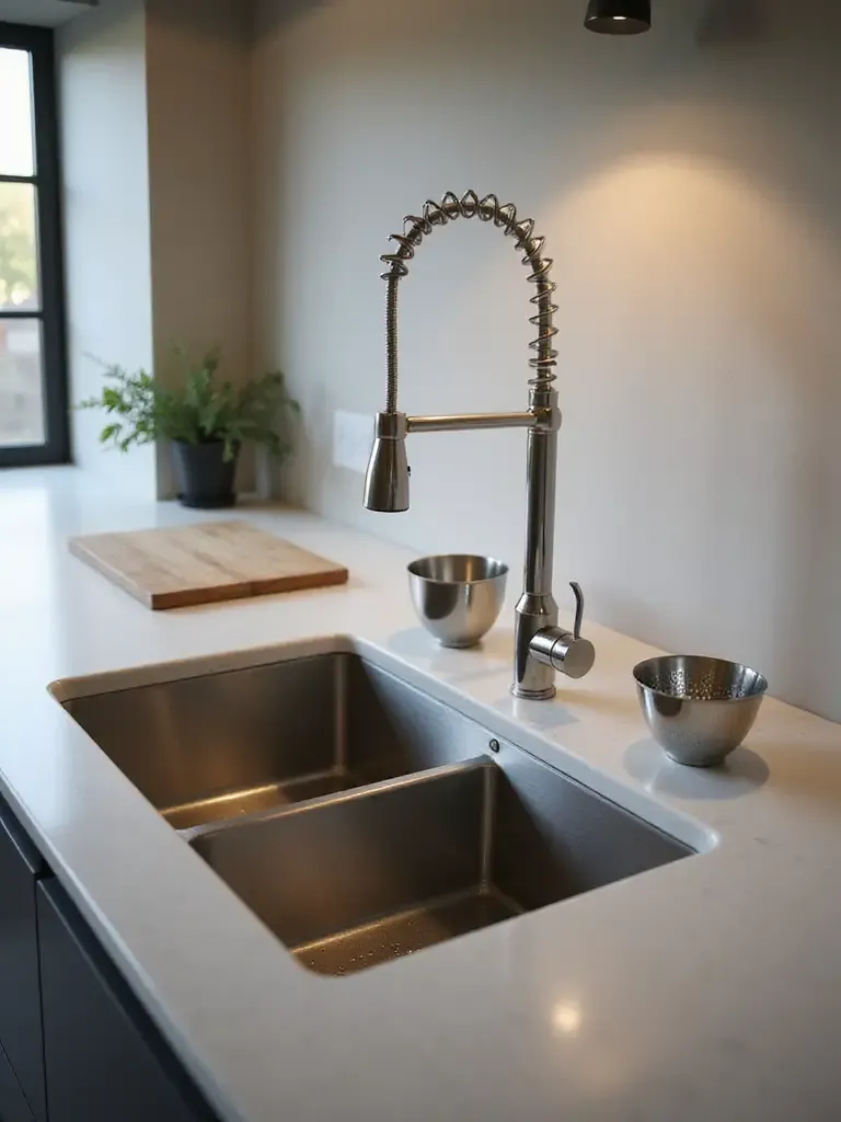 Modern kitchen with a functional sink and high-arc faucet, showcasing integrated accessories.