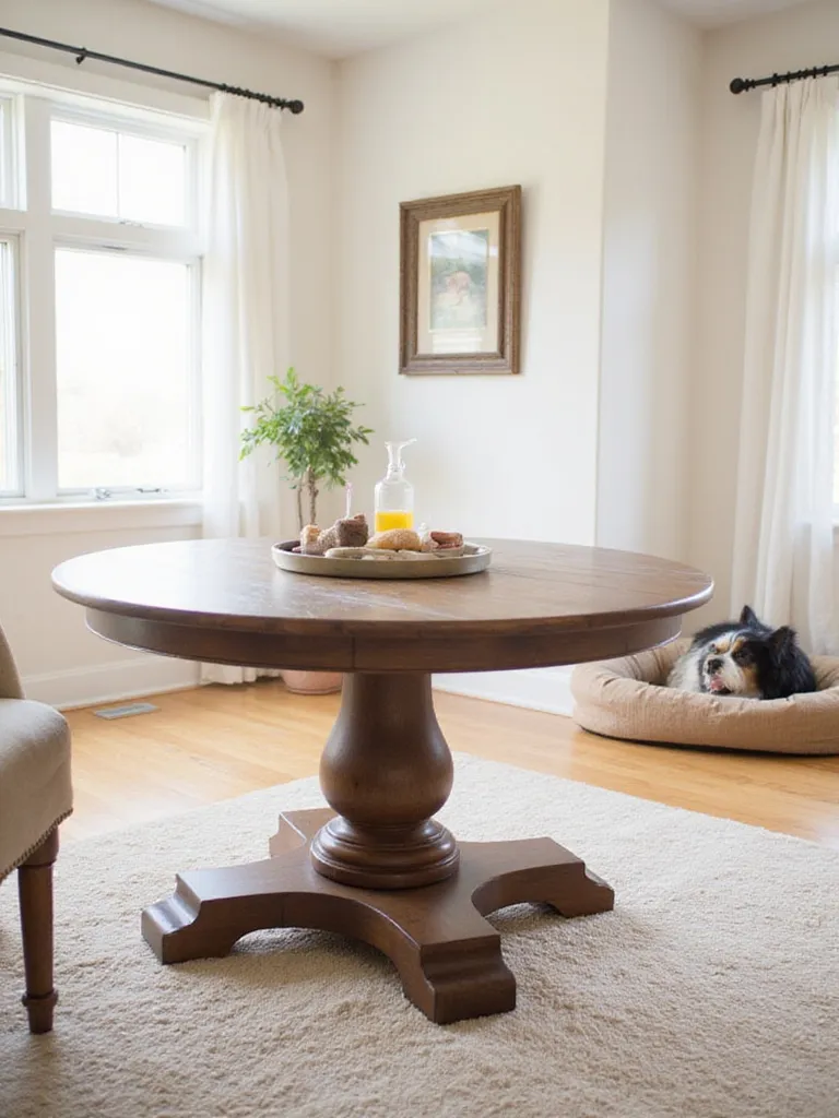 A round pedestal dining table selected for a pet-friendly dining room, offering clear pathways and no sharp corners.
