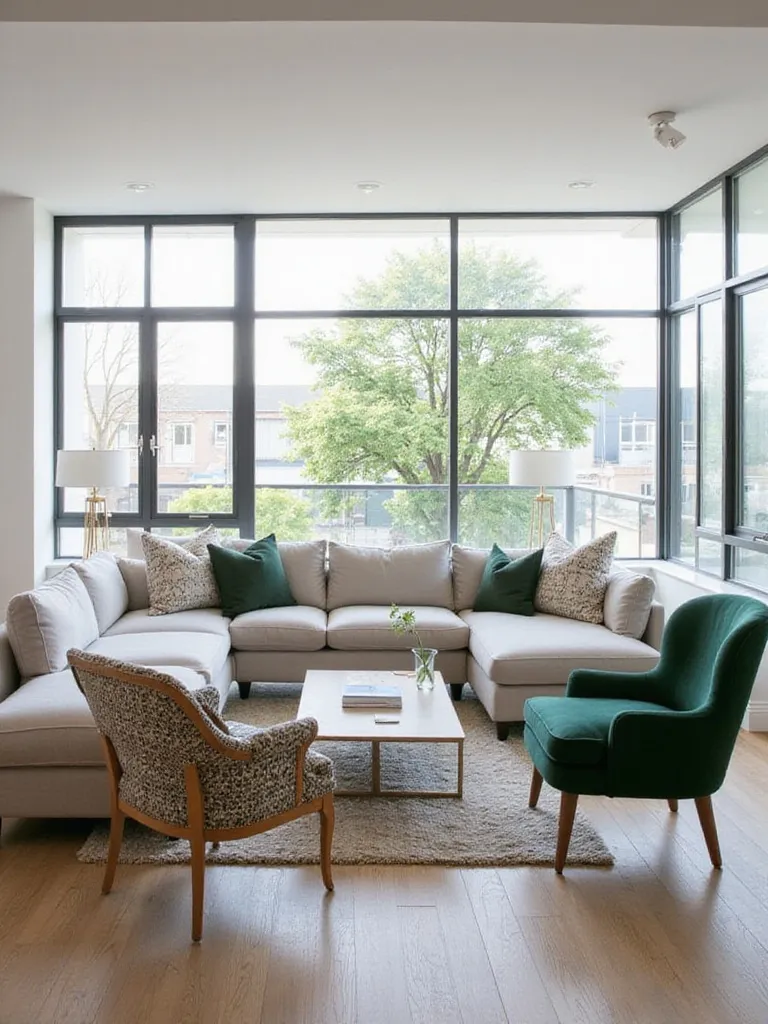 Modern living room featuring a neutral sectional sofa opposite two distinct accent chairs, illustrating versatile seating arrangements.