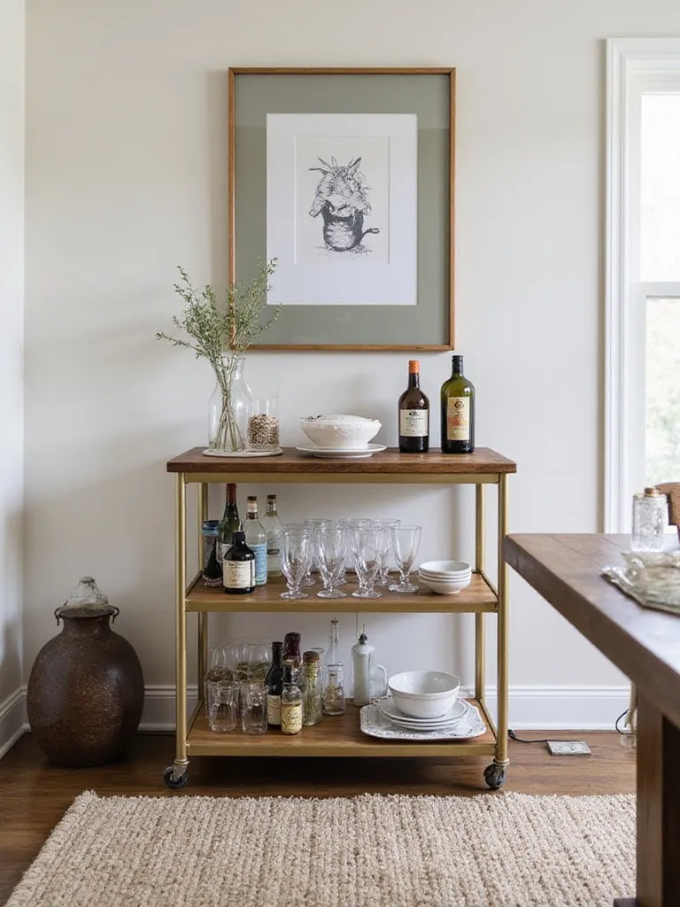 A dedicated serving or bar cart area in a dining room, keeping drinks and food elevated and safely away from pets during gatherings.
