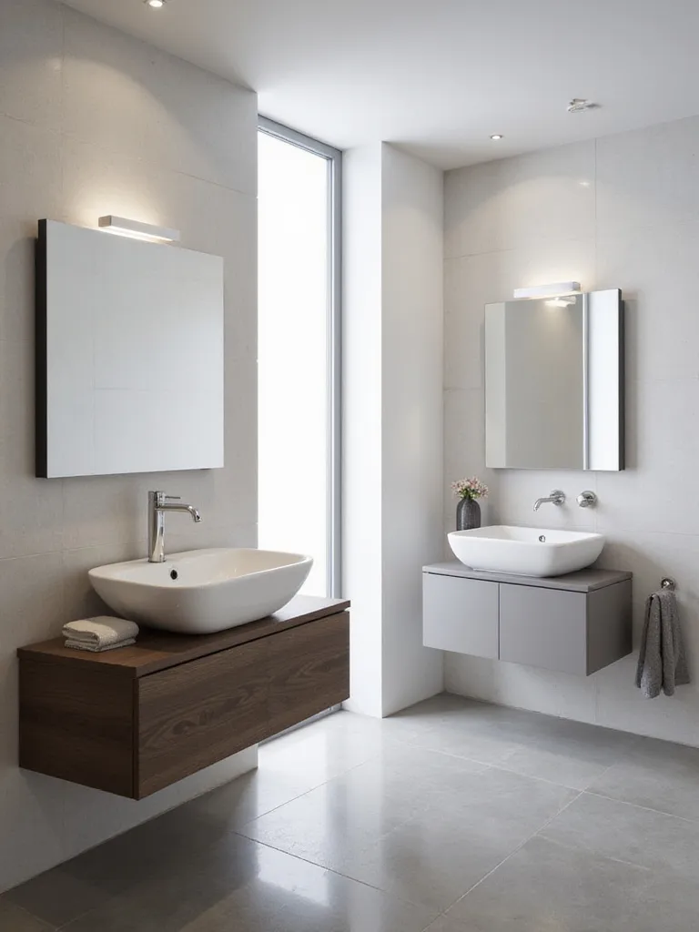 Modern bathroom featuring two vanity styles: one with a white ceramic vessel sink on a dark floating vanity and another with a seamless light grey integrated basin, showcasing different modern sink options.