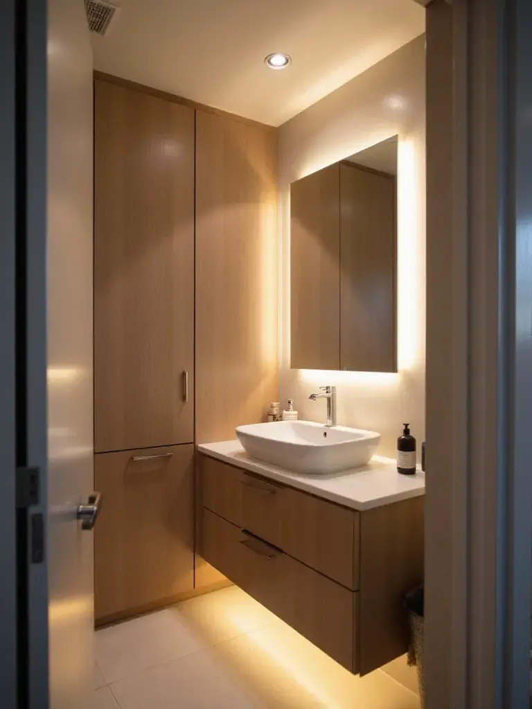Small modern bathroom with smart LED vanity lighting and recessed ceiling lights creating a relaxing atmosphere