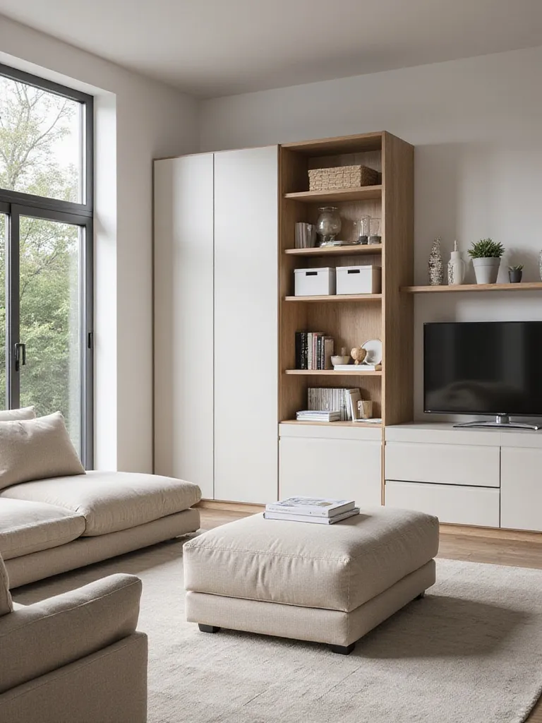 A modern living room showcasing stylish smart storage furniture including a storage ottoman, coffee table with drawers, media console, and modular wall unit, promoting an organized and clutter-free space.