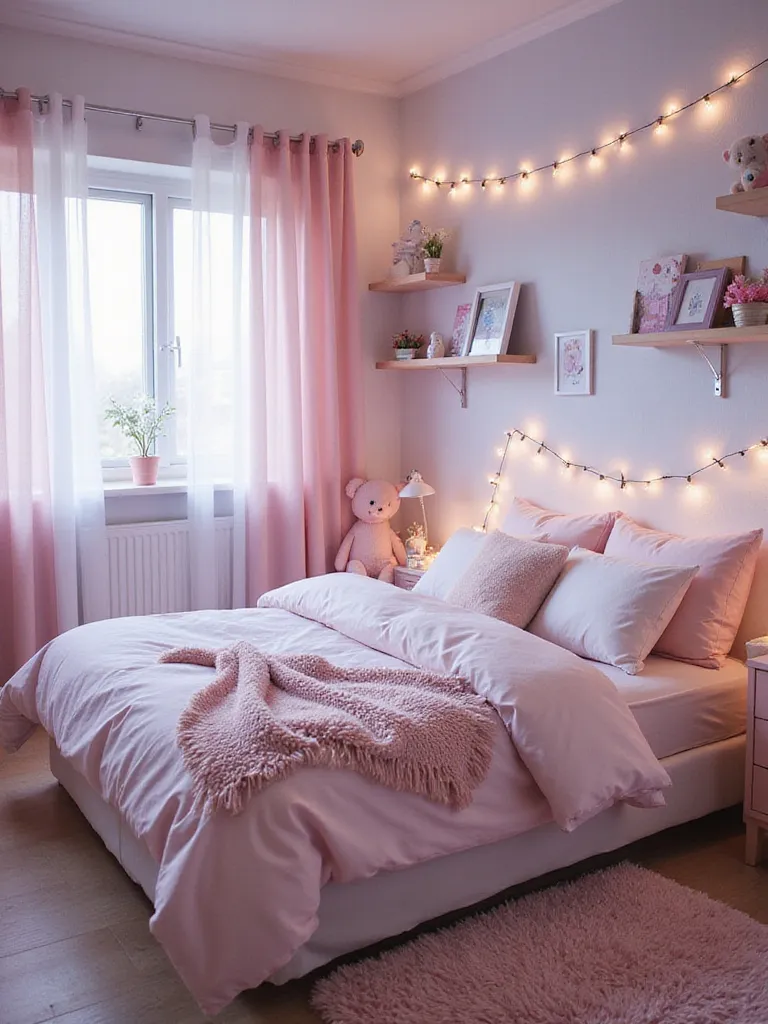 A bedroom decorated in the Soft Girl aesthetic with pastel pink, blue, and lavender colors, soft textures, and whimsical decor like fairy lights and plush items.