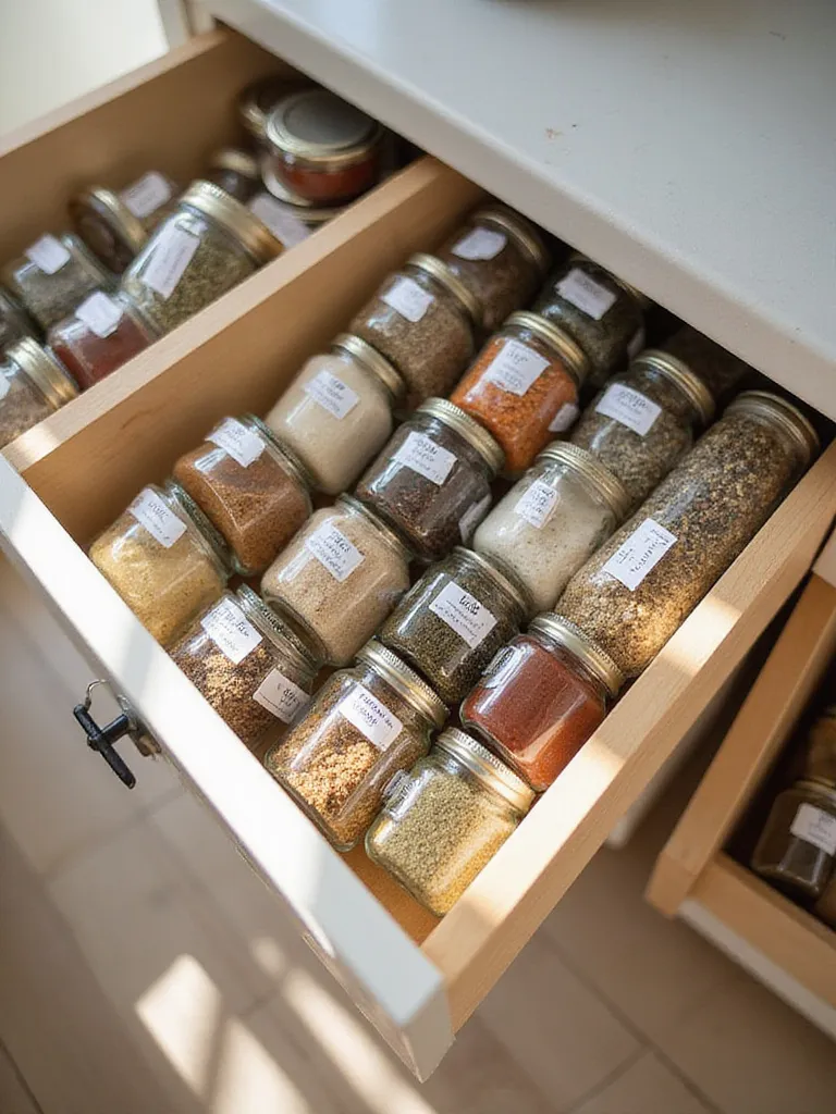 A kitchen drawer organized with uniform glass spice jars laid flat in an angled insert, each labeled clearly on top.