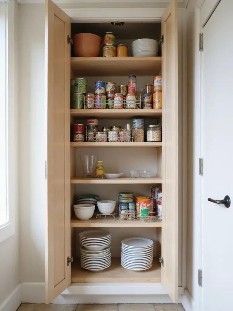 Organized kitchen pantry shelf showing canned goods stacked on a riser and plates elevated on a shelf riser to maximize vertical storage space.