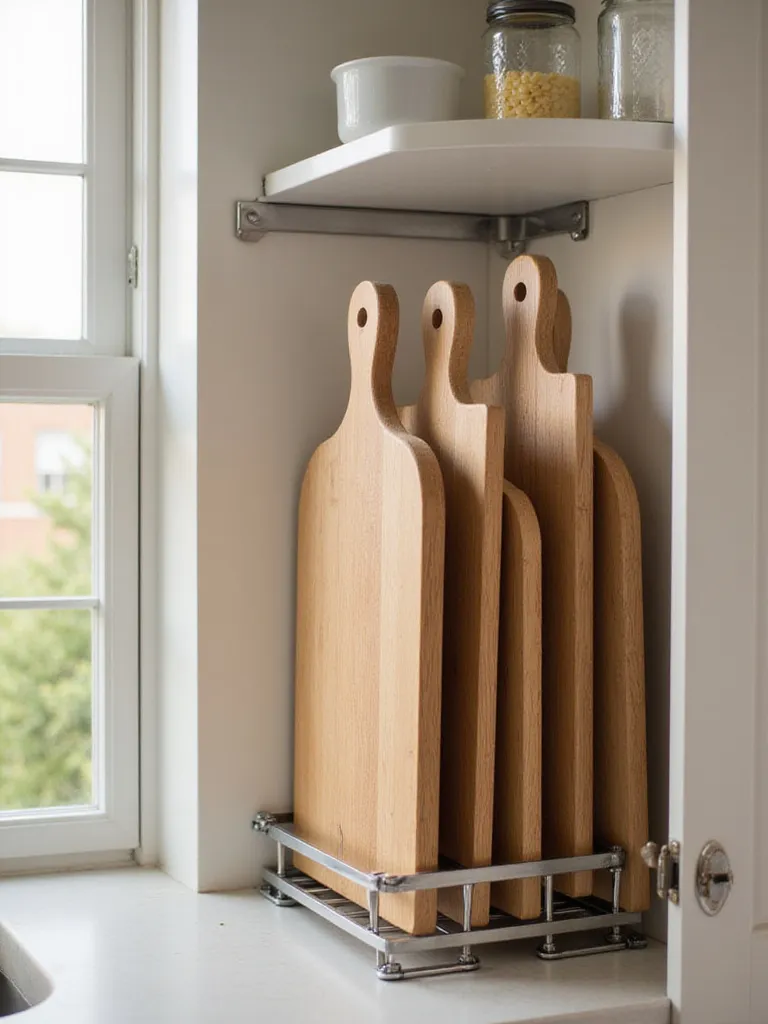 Organized kitchen cabinet with vertical cutting board storage rack