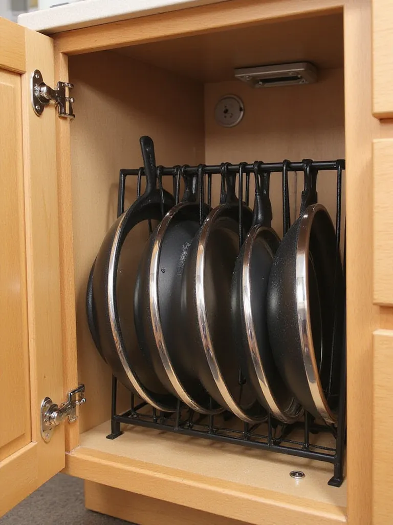 Organized kitchen cabinet with a lid organizer rack displaying various pot and pan lids.
