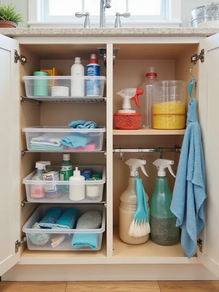 Organized kitchen cabinet under the sink showing cleaning supplies stored on pull-out shelves and in clear bins.