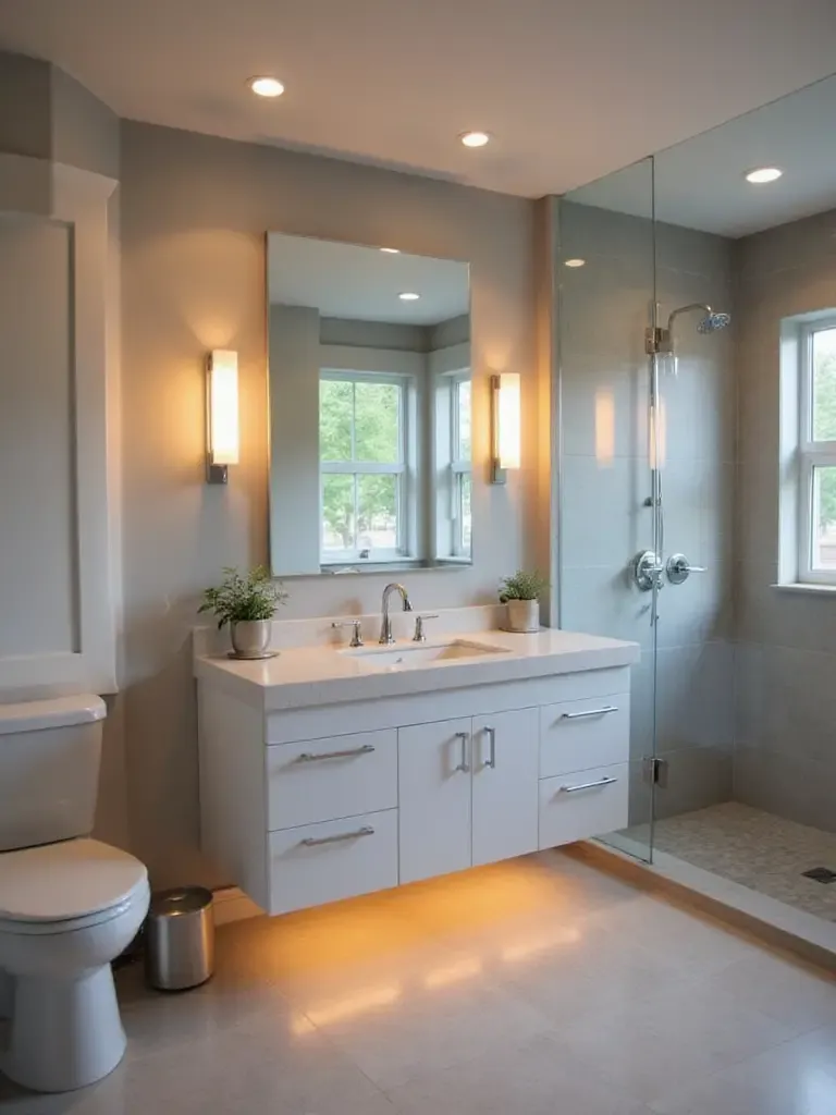 Modern bathroom vanity with strategically placed sconces, recessed lighting, and toe-kick lighting to create layered illumination.