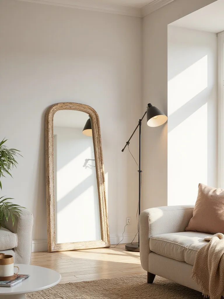 Living room with large decorative mirror reflecting light, enhancing brightness and space.