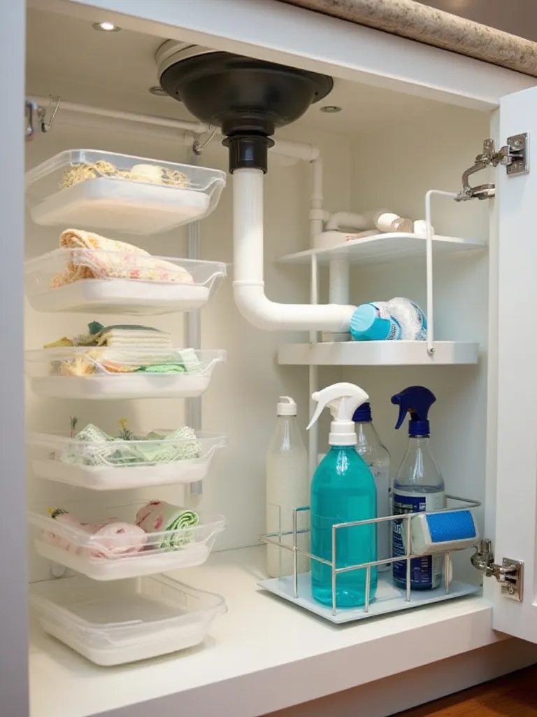 Organized kitchen cleaning supplies stored under the sink using bins, shelves, and a portable caddy.