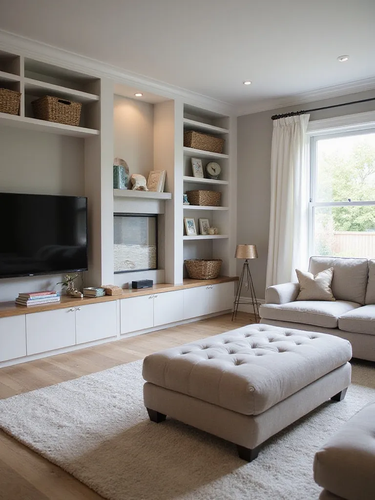 A stylish contemporary living room featuring integrated storage solutions like a media console, built-in bookcases around a fireplace, and a storage ottoman, demonstrating functional and aesthetically pleasing storage within a living room layout.