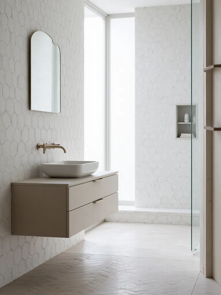 Modern bathroom showcasing subtle geometric tile patterns on the wall and floor for a sophisticated design.