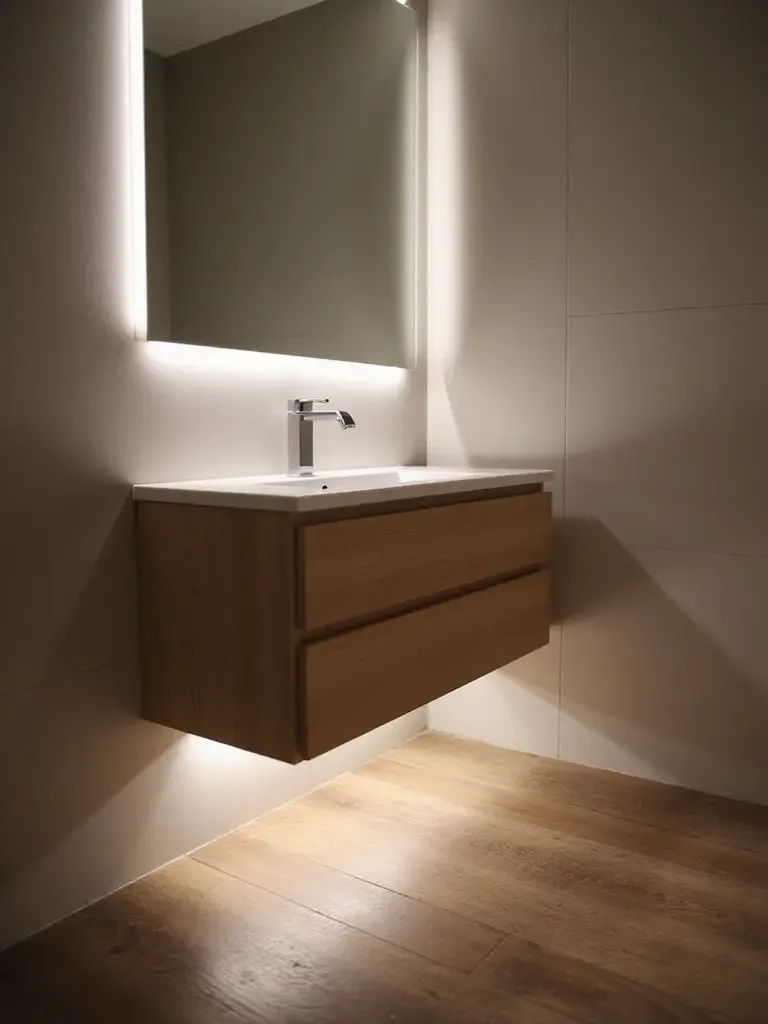 Modern bathroom with warm white under-vanity lighting creating a soft glow on the floor.