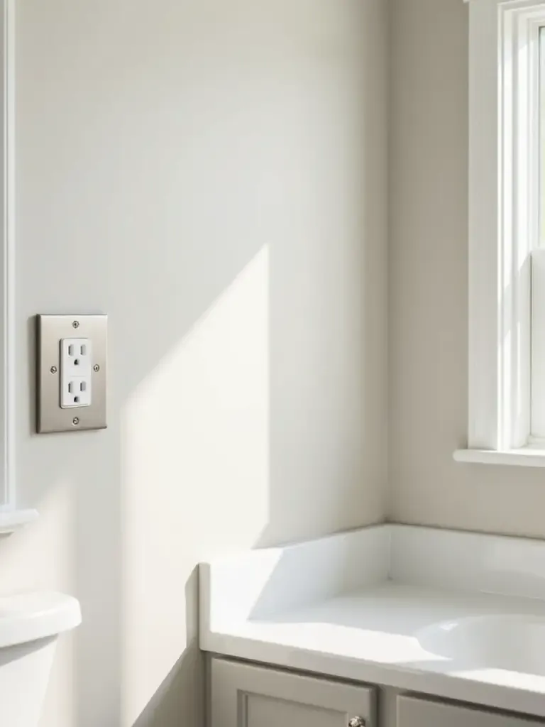 Updated brushed nickel electrical outlet cover and light switch plate on a neutral bathroom wall, illustrating a budget-friendly DIY makeover.