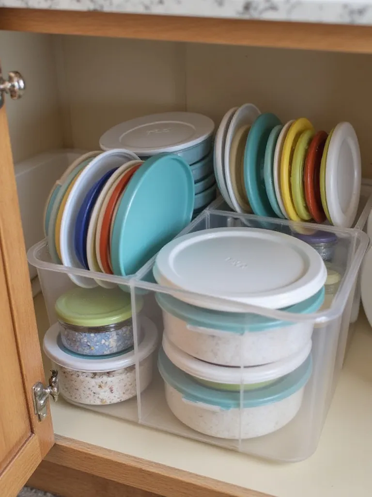 Organized kitchen cabinet with nested Tupperware containers and a bin for lids