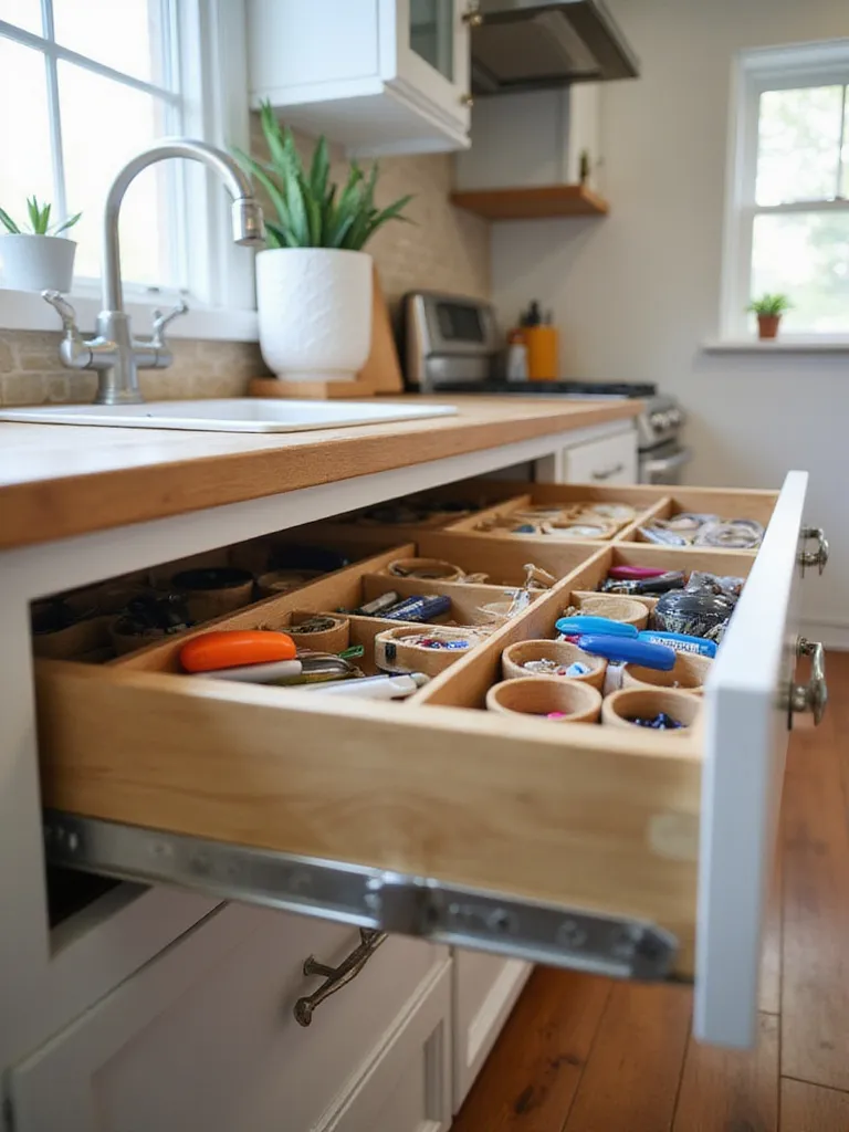 An open kitchen junk drawer showing various small items like pens, batteries, and tools neatly organized using a system of drawer dividers and small containers.