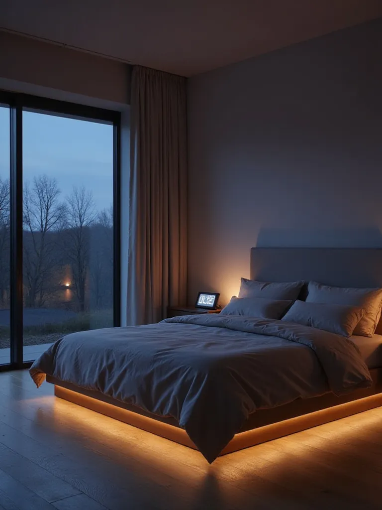 A modern smart bedroom featuring integrated ambient lighting under the bed and behind the headboard, a large comfortable bed, and a smart display on a nightstand, creating a dreamy and tech-infused aesthetic at dusk.