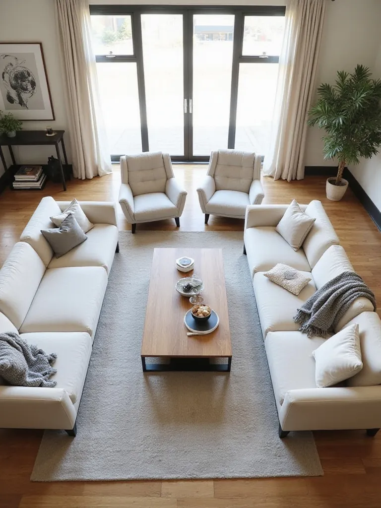Modern living room layout showing a coffee table optimally positioned between a sofa and armchairs, demonstrating its role as a central hub for seating and function.