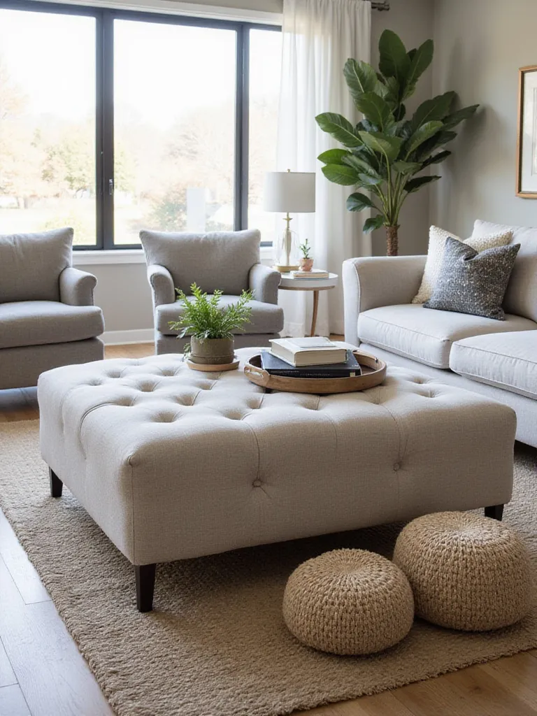 Stylish living room featuring a large ottoman used as a coffee table and two poufs providing extra seating and texture.
