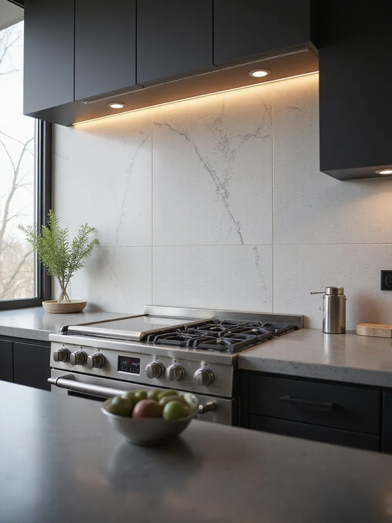 Modern kitchen featuring a large format light grey porcelain tile backsplash with subtle white veining, showcasing elegance and durability.