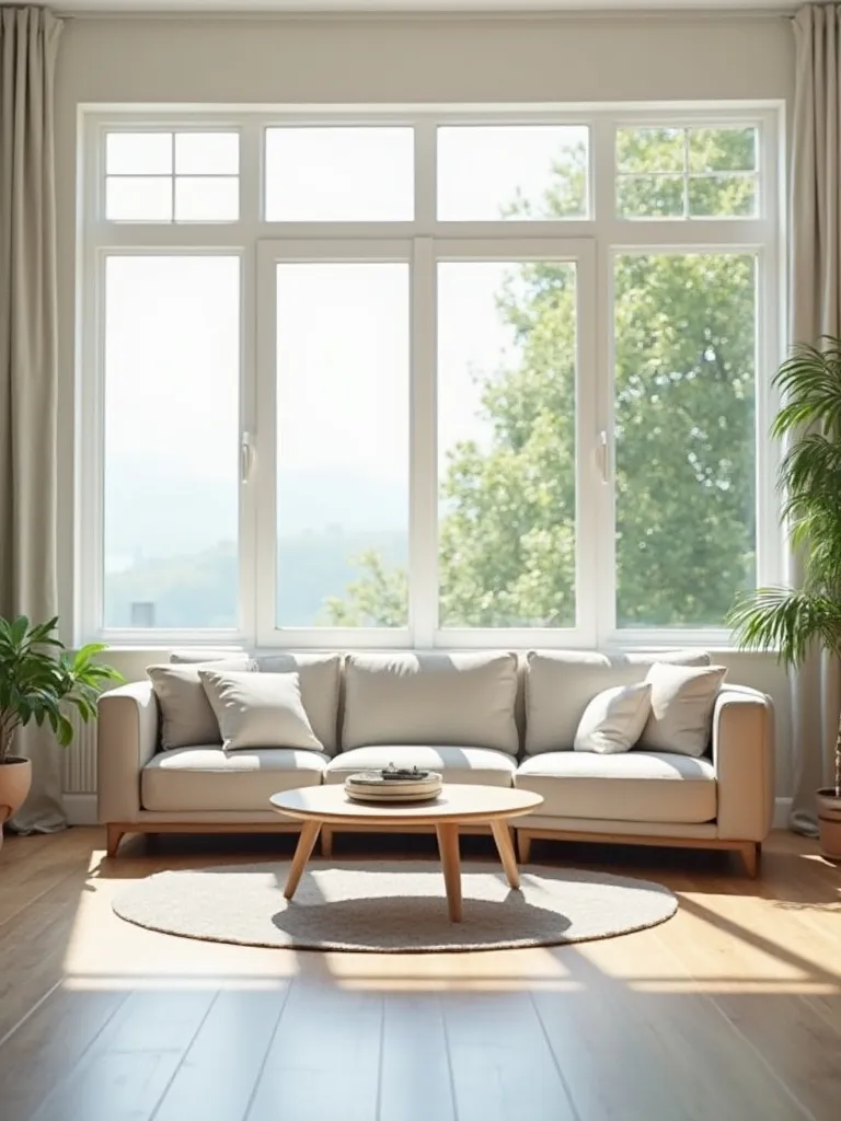 A comfortable sofa placed in a bright living room, floating away from the wall and facing a large window, illustrating a smart layout idea for main seating.