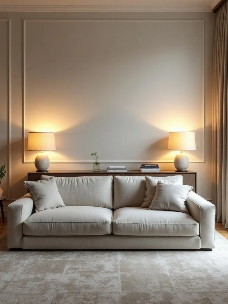 A sofa floating in a living room with a styled console table placed directly behind it, showcasing a smart layout idea for defining space and adding surface area.
