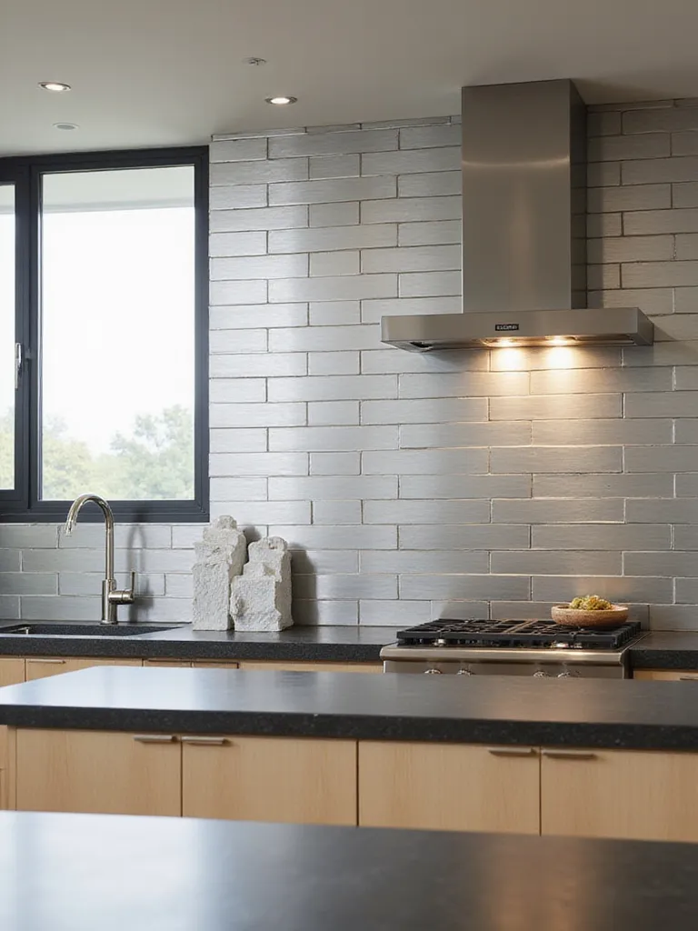 Kitchen backsplash made from brushed stainless steel subway tiles above a countertop with light wood cabinets, illustrating a modern and functional design.