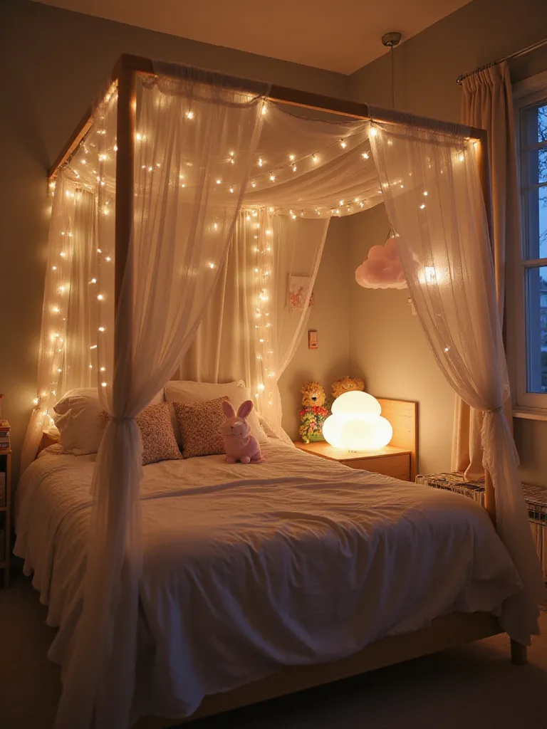 Cute bedroom decor featuring fairy lights, a bunny lamp, and a cloud pendant light.