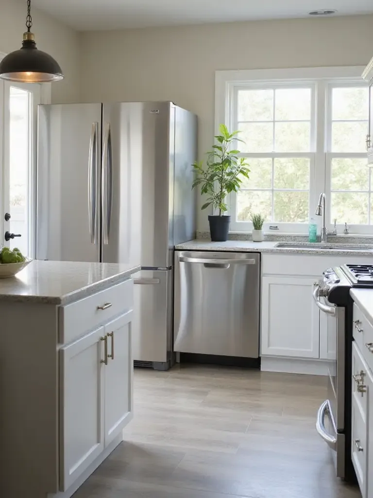 Modern kitchen with energy-efficient appliances including refrigerator and dishwasher