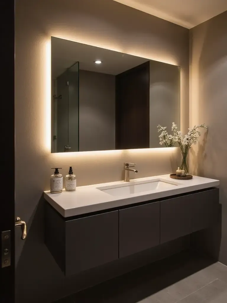 Modern bathroom featuring a large backlit mirror above a minimalist vanity.