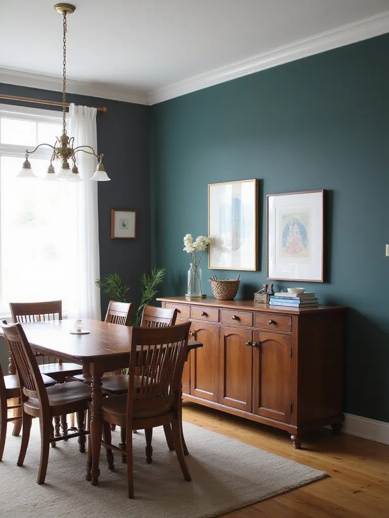 An accent wall in a dining room painted a darker, washable color to define the space and strategically hide pet hair or marks.