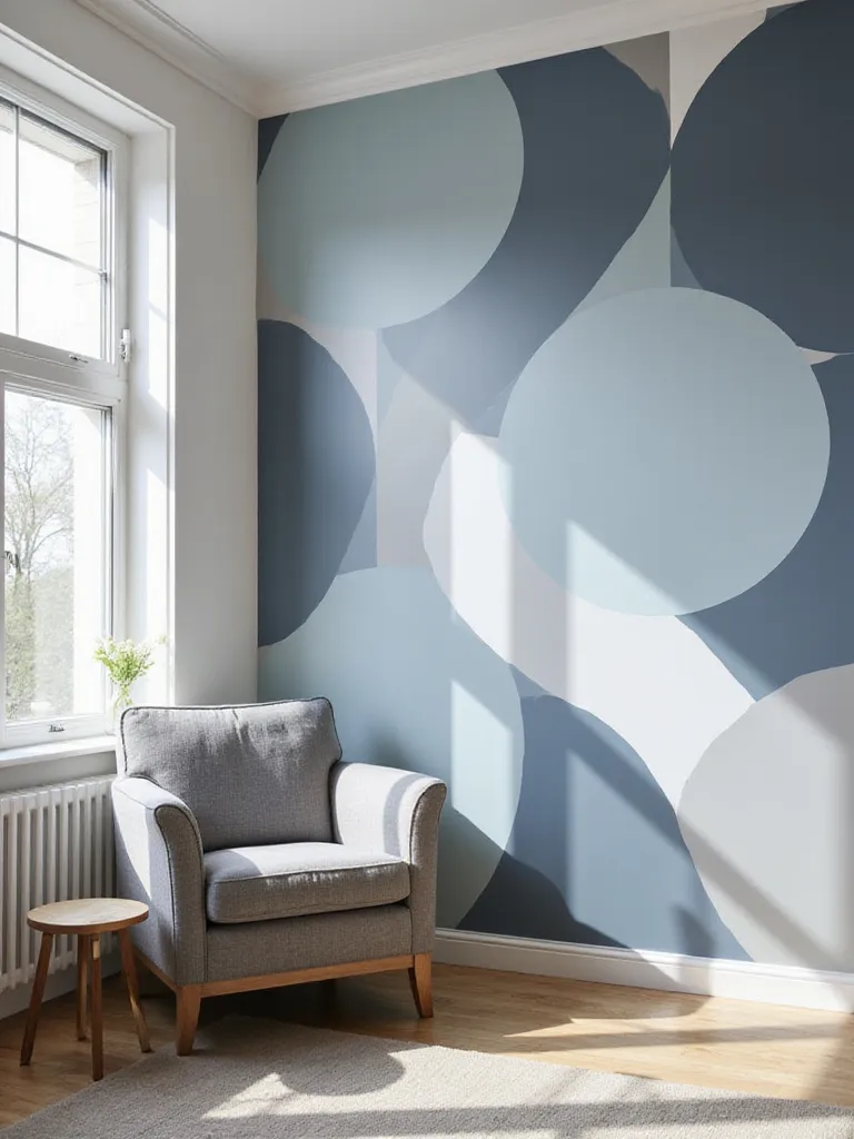 Living room accent wall with modern geometric peel-and-stick wallpaper.