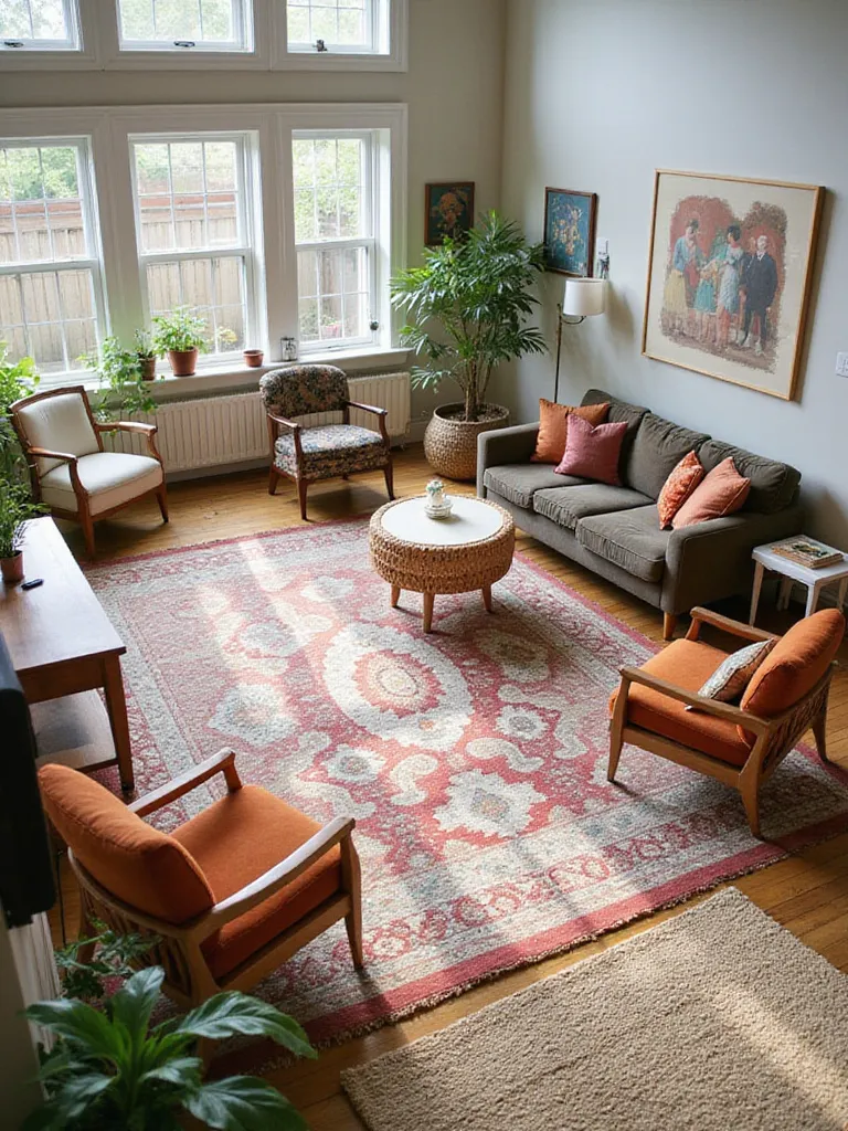 View of an eclectic living room utilizing multiple rugs of different styles and sizes to anchor furniture groupings and clearly define distinct functional zones within the open space.