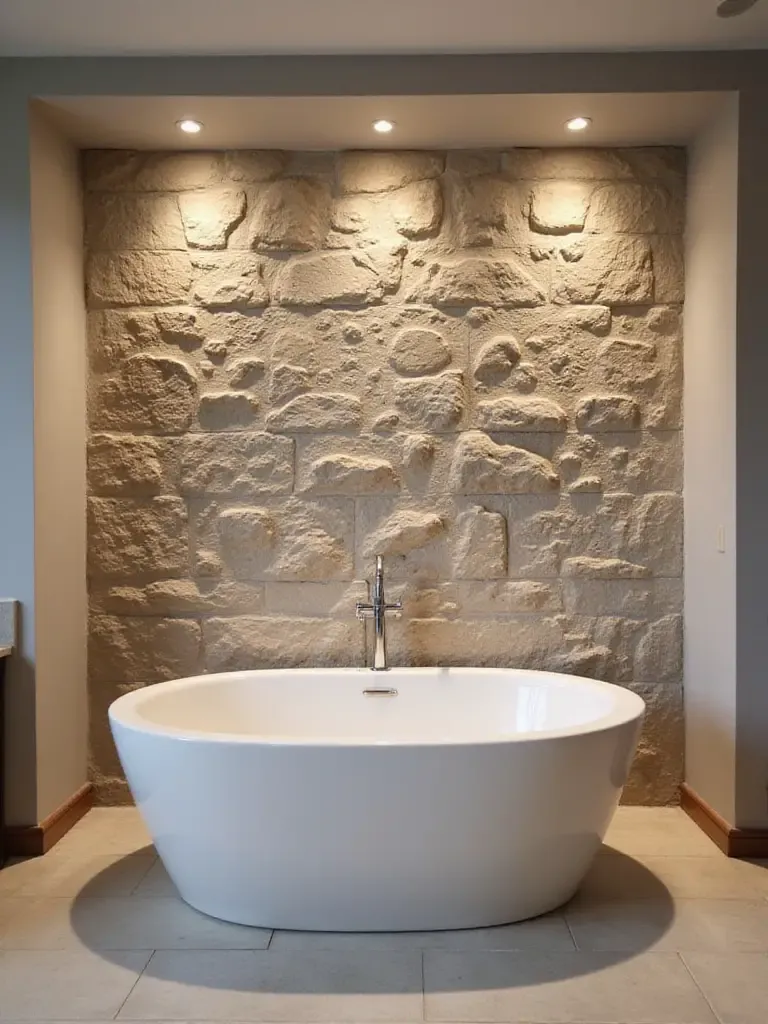 Bathroom with textured stone wall illuminated by wall washer lighting.