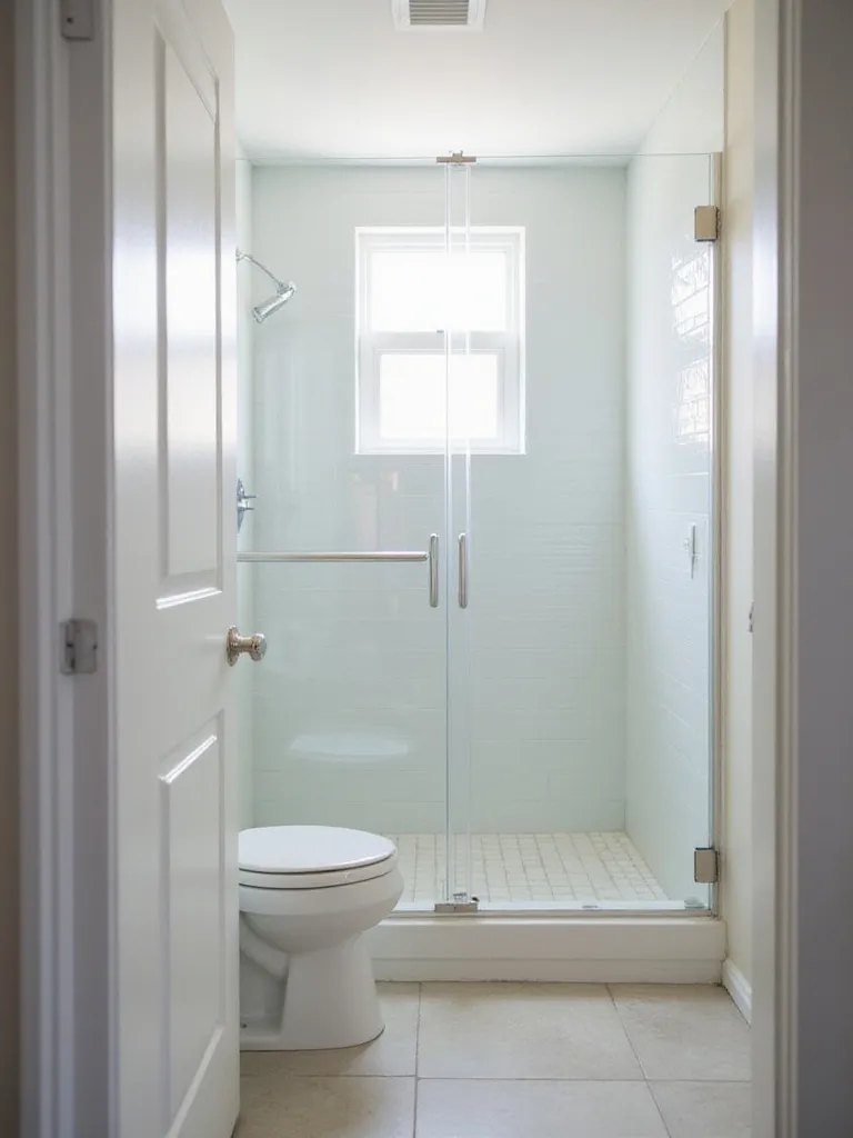A small bathroom with a walk-in shower enclosed by a clear, frameless glass door, showing how the transparent glass makes the space feel larger and more open.