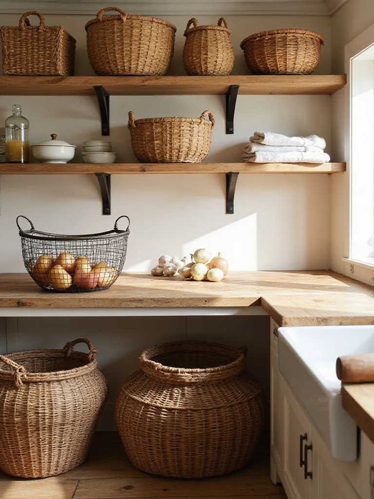 Rustic kitchen with open shelves and counters featuring various woven and wire baskets used for storing produce, linens, and kitchen essentials, enhancing the charming decor.