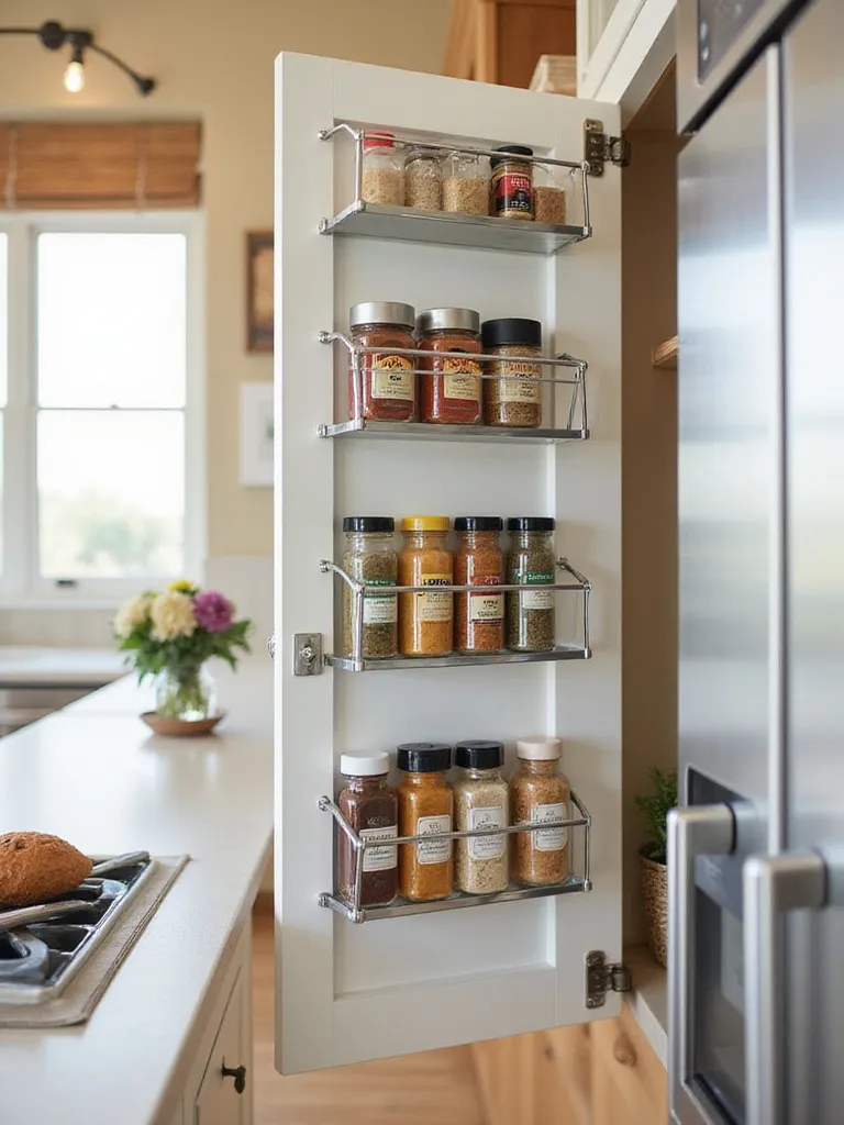 Organized cabinet door with over-the-door rack holding spices and wraps in a small kitchen.