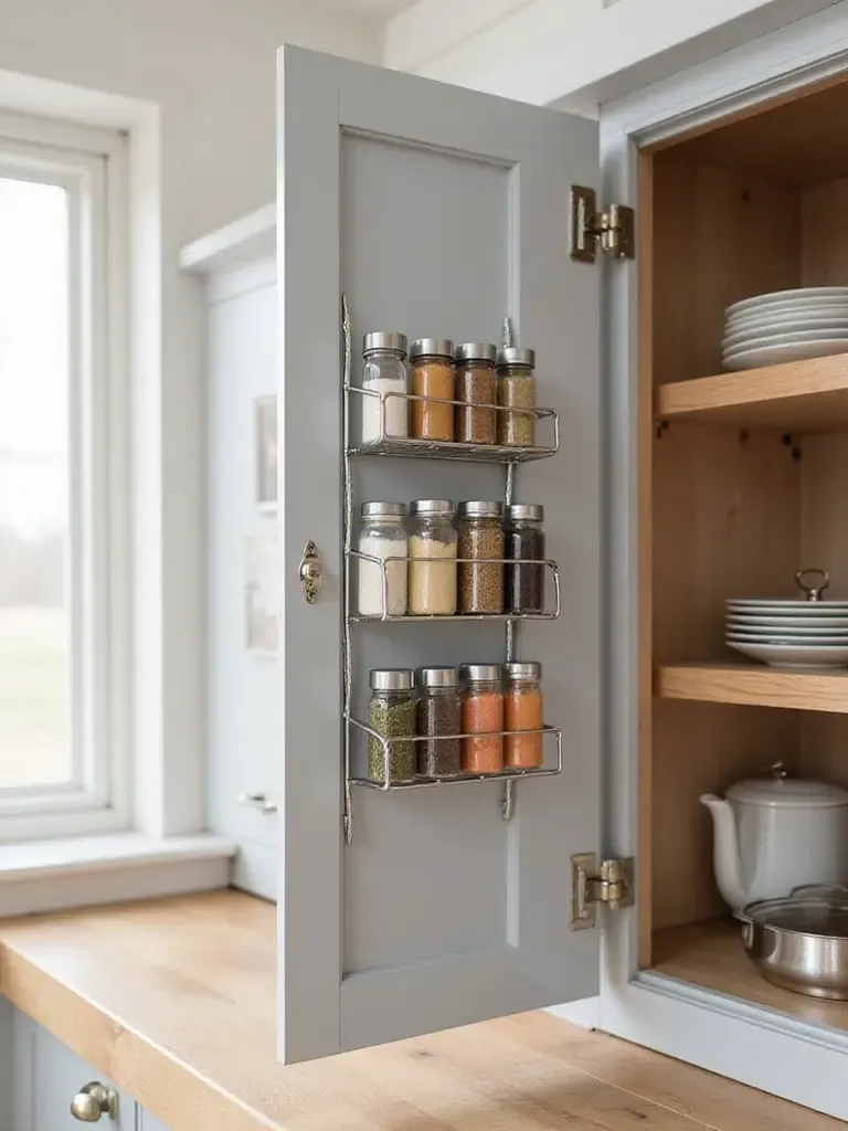 Open grey kitchen cabinet door showing a metal spice rack organizer mounted on the inside, filled with spice jars, demonstrating clever kitchen storage solutions.