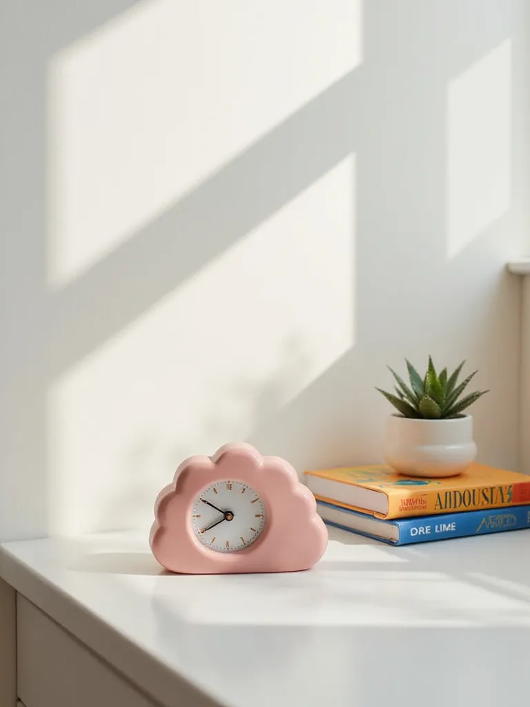 Pastel pink cloud-shaped alarm clock on a bedside table with succulent and books.