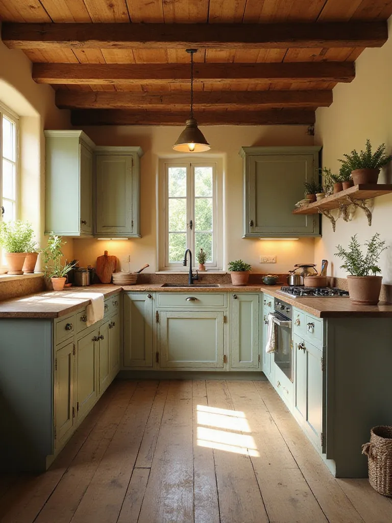 Rustic kitchen interior featuring a warm, earthy color palette with sage green cabinets, wood beams, and natural wood accents.