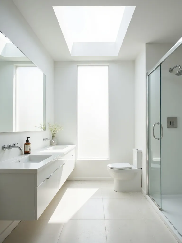A small, bright bathroom flooded with natural light from a large window or skylight, making the space feel open and airy.