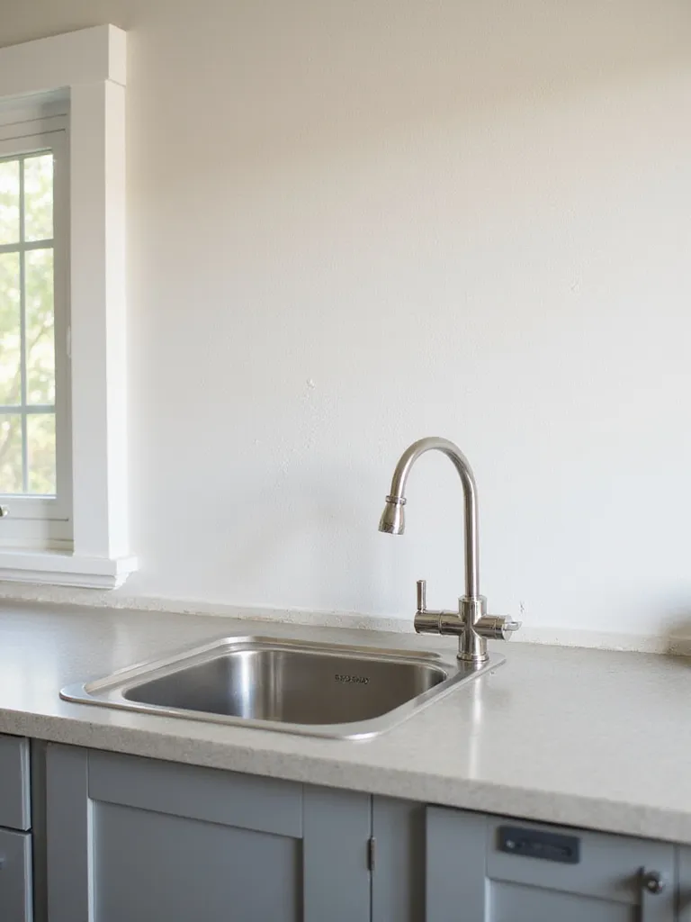 Kitchen counter behind a sink showing painted wall vulnerable to water and grease splatters, illustrating the essential protective function of a backsplash.